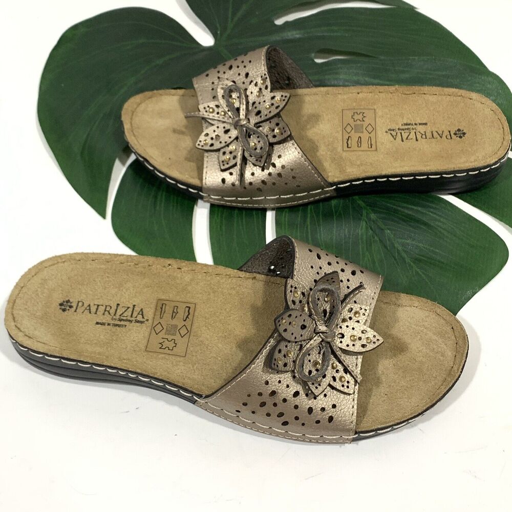 Patrizia By Spring Step Leather Metallic Brown Floral Slides Sandals Size 6 NWOT